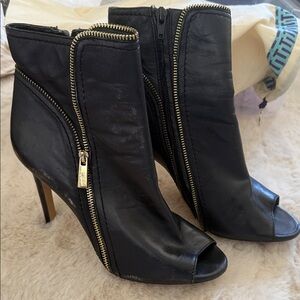 Vince Camuto Black Peep-Toe Heeled Boots with Gold Zipper